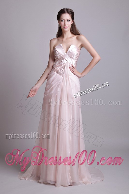 Pink Empire Strapless Brush Train Pleat Prom Graduation Dress for 2013