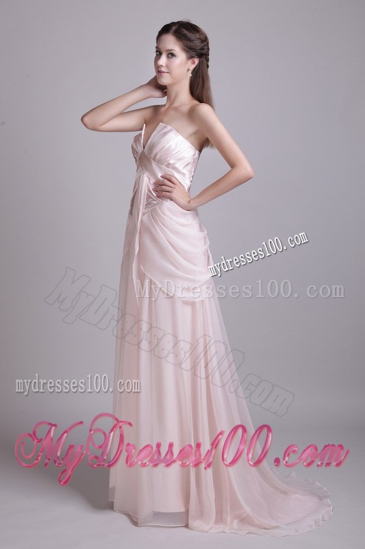 Pink Empire Strapless Brush Train Pleat Prom Graduation Dress for 2013