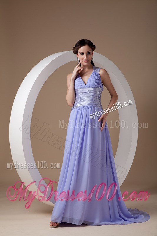 Custom Made Lilac Empire V-neck Graduation Dress with Ruches Brush Train