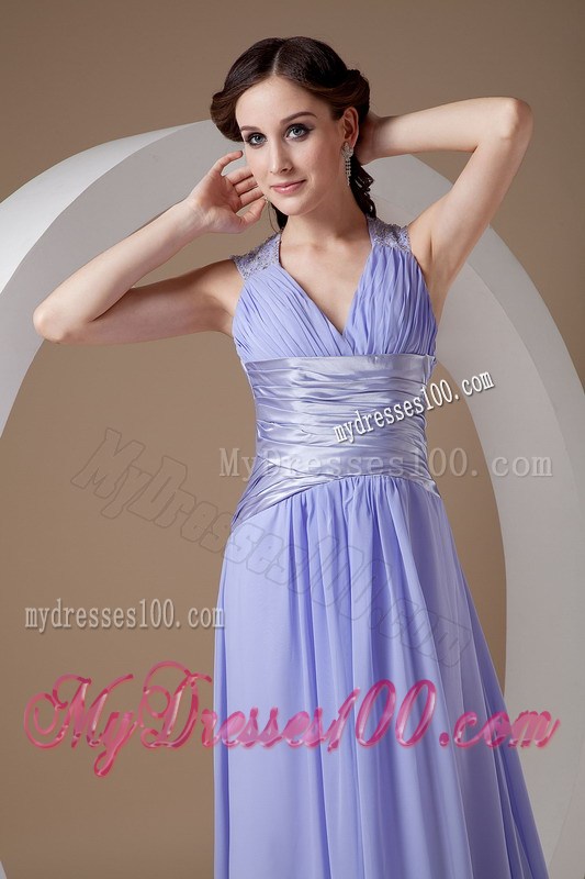Custom Made Lilac Empire V-neck Graduation Dress with Ruches Brush Train