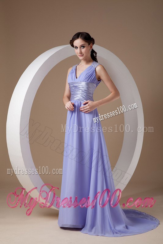 Custom Made Lilac Empire V-neck Graduation Dress with Ruches Brush Train
