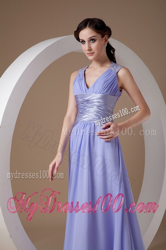 Custom Made Lilac Empire V-neck Graduation Dress with Ruches Brush Train