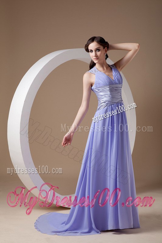 Custom Made Lilac Empire V-neck Graduation Dress with Ruches Brush Train