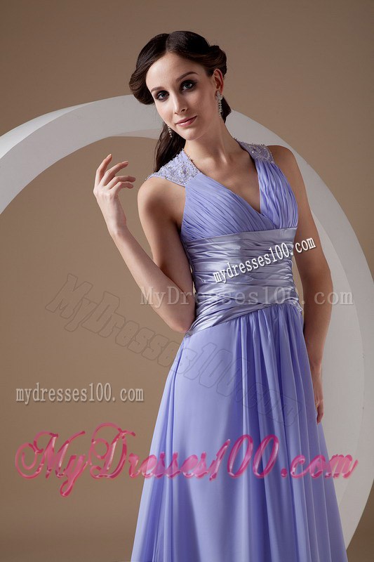 Custom Made Lilac Empire V-neck Graduation Dress with Ruches Brush Train