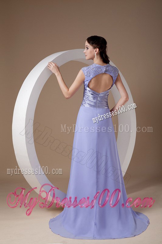 Custom Made Lilac Empire V-neck Graduation Dress with Ruches Brush Train