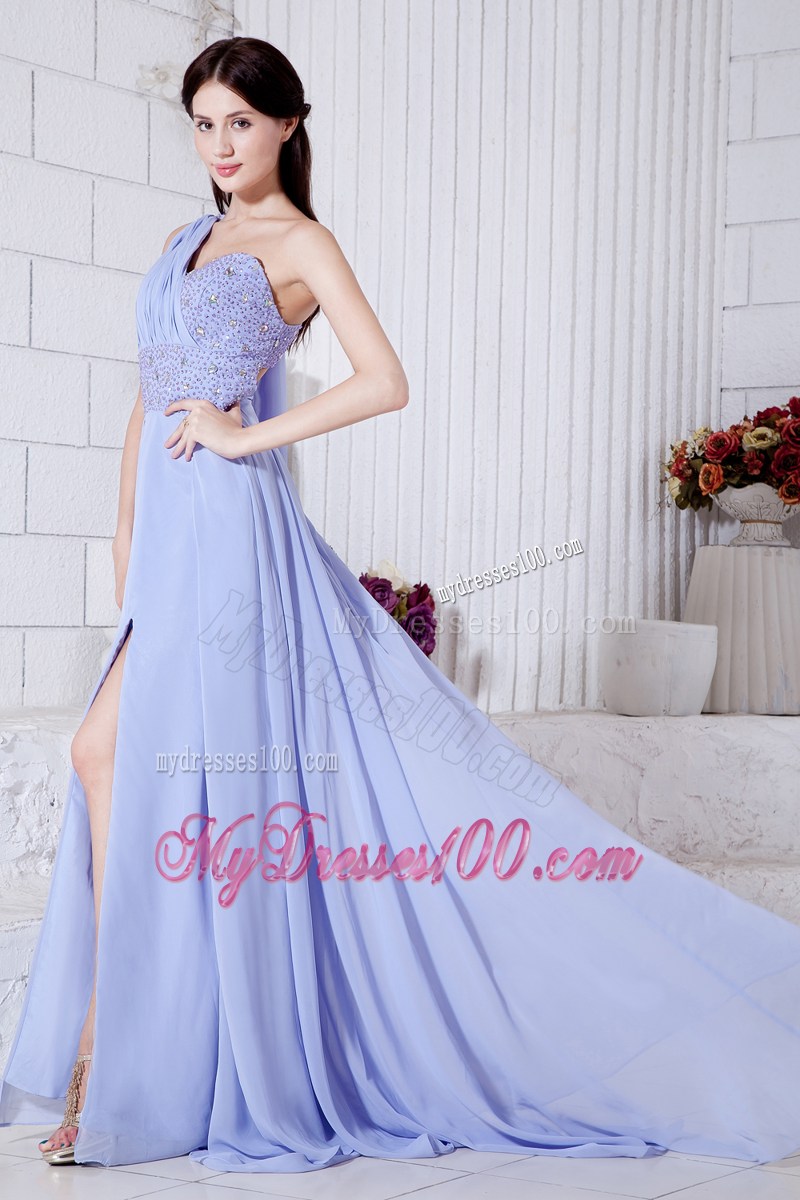 Lilac Empire One Shoulder Graduation Dress with Beading Watteau Train