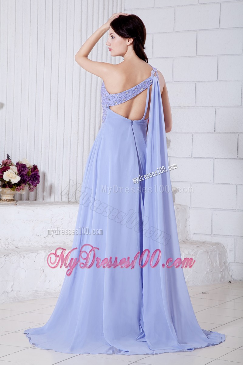 Lilac Empire One Shoulder Graduation Dress with Beading Watteau Train
