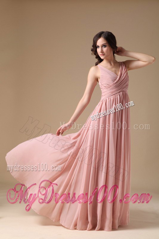 2013 Elegant Peach Pink V-neck Prom Graduation Dresses with Ruches