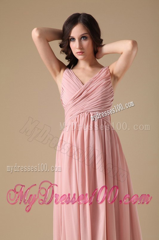 2013 Elegant Peach Pink V-neck Prom Graduation Dresses with Ruches