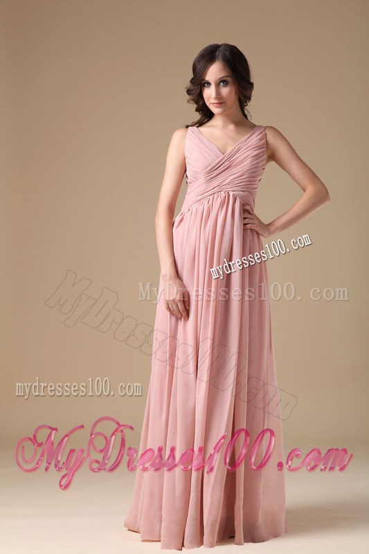 2013 Elegant Peach Pink V-neck Prom Graduation Dresses with Ruches