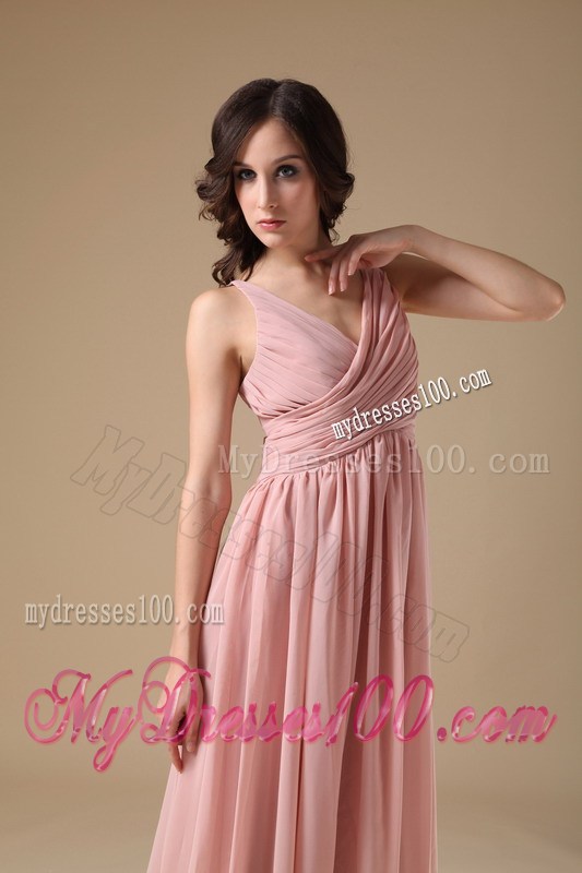 2013 Elegant Peach Pink V-neck Prom Graduation Dresses with Ruches