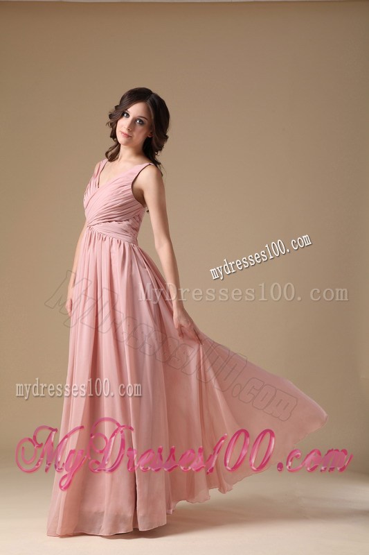 2013 Elegant Peach Pink V-neck Prom Graduation Dresses with Ruches