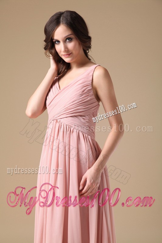 2013 Elegant Peach Pink V-neck Prom Graduation Dresses with Ruches