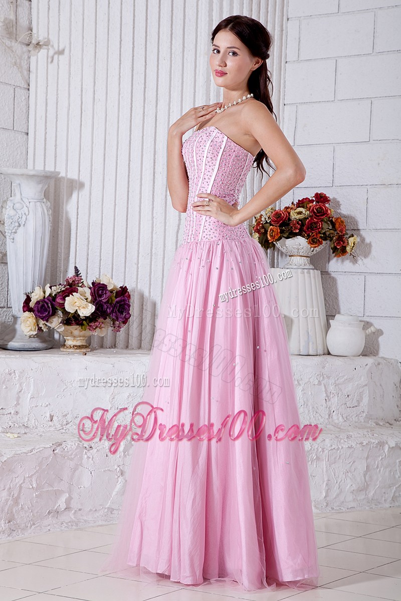 Baby Pink Empire Strapless Graduation Dresses with Beading Floor-length