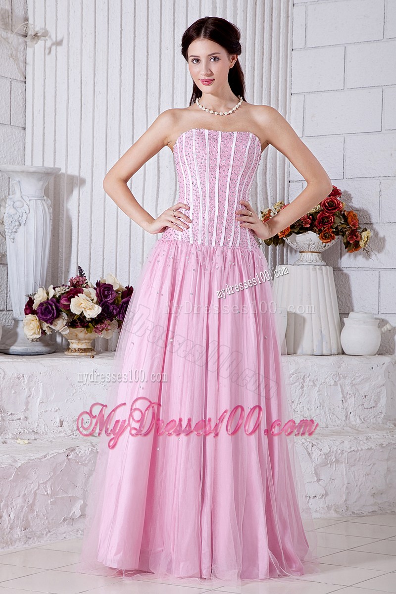 Baby Pink Empire Strapless Graduation Dresses with Beading Floor-length