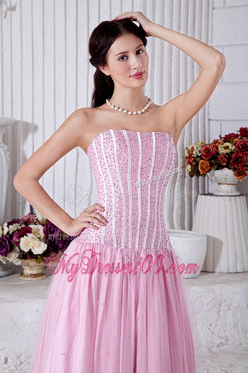 Baby Pink Empire Strapless Graduation Dresses with Beading Floor-length