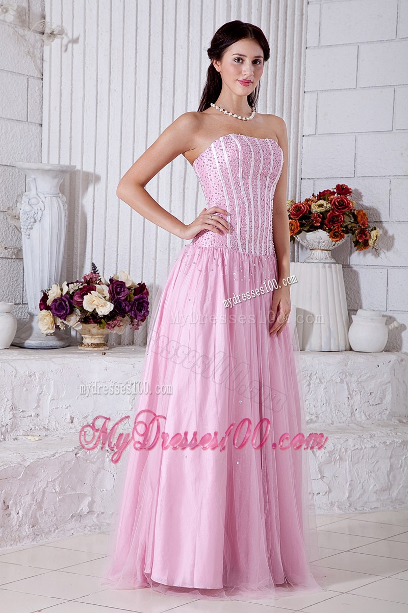Baby Pink Empire Strapless Graduation Dresses with Beading Floor-length