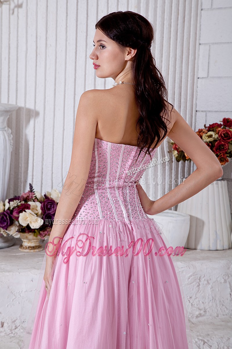 Baby Pink Empire Strapless Graduation Dresses with Beading Floor-length