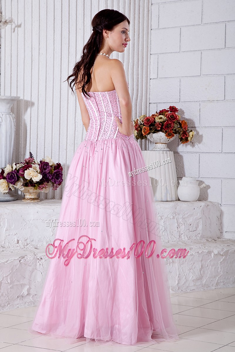 Baby Pink Empire Strapless Graduation Dresses with Beading Floor-length