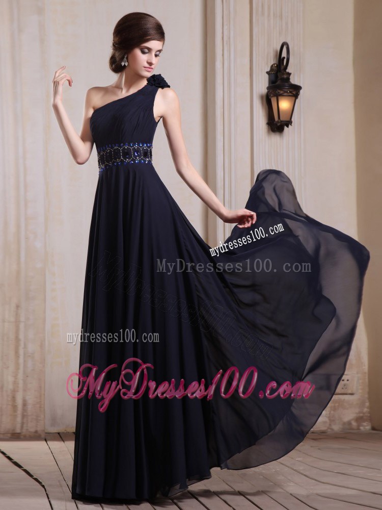Navy Blue Prom Graduation Dress with One Shoulder Beaded and Flowers