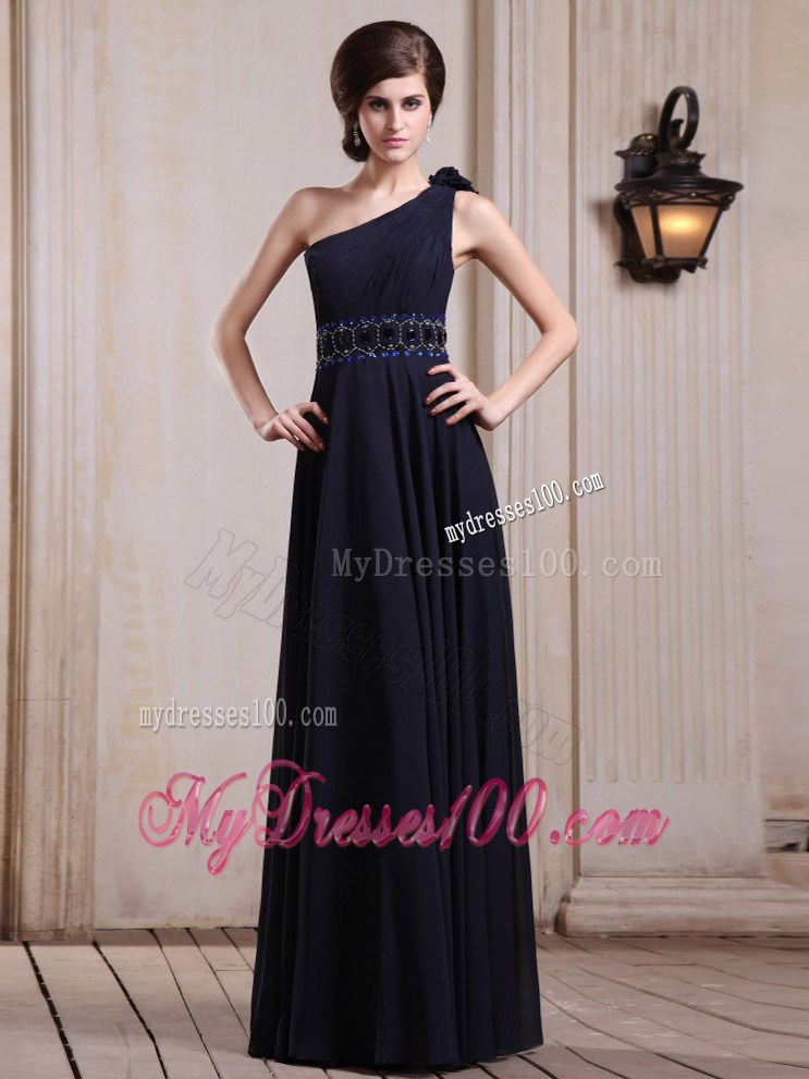 Navy Blue Prom Graduation Dress with One Shoulder Beaded and Flowers
