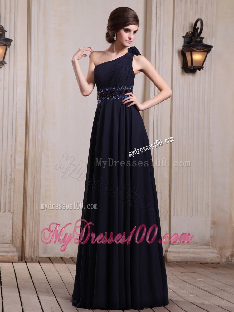 Navy Blue Prom Graduation Dress with One Shoulder Beaded and Flowers