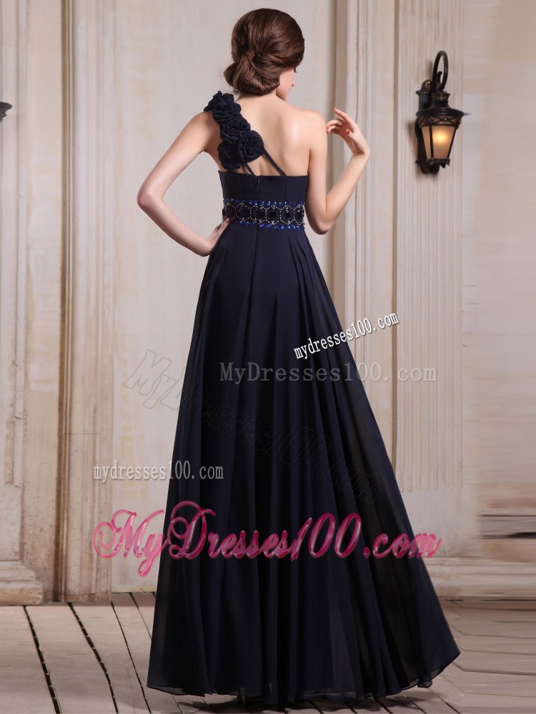 Navy Blue Prom Graduation Dress with One Shoulder Beaded and Flowers