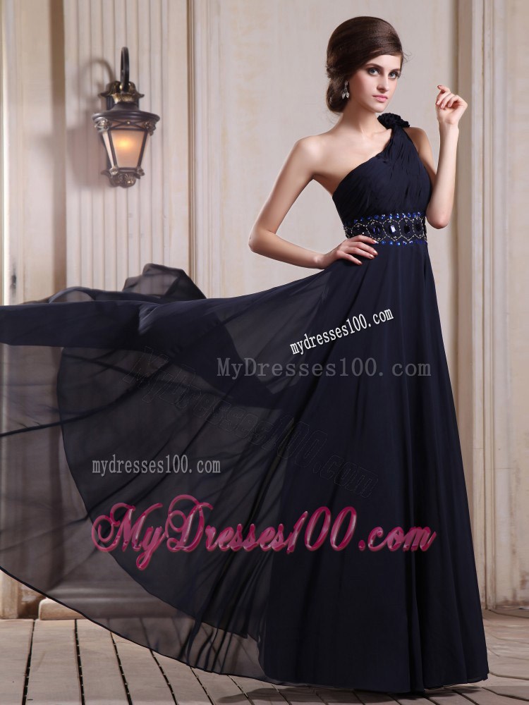 Navy Blue Prom Graduation Dress with One Shoulder Beaded and Flowers