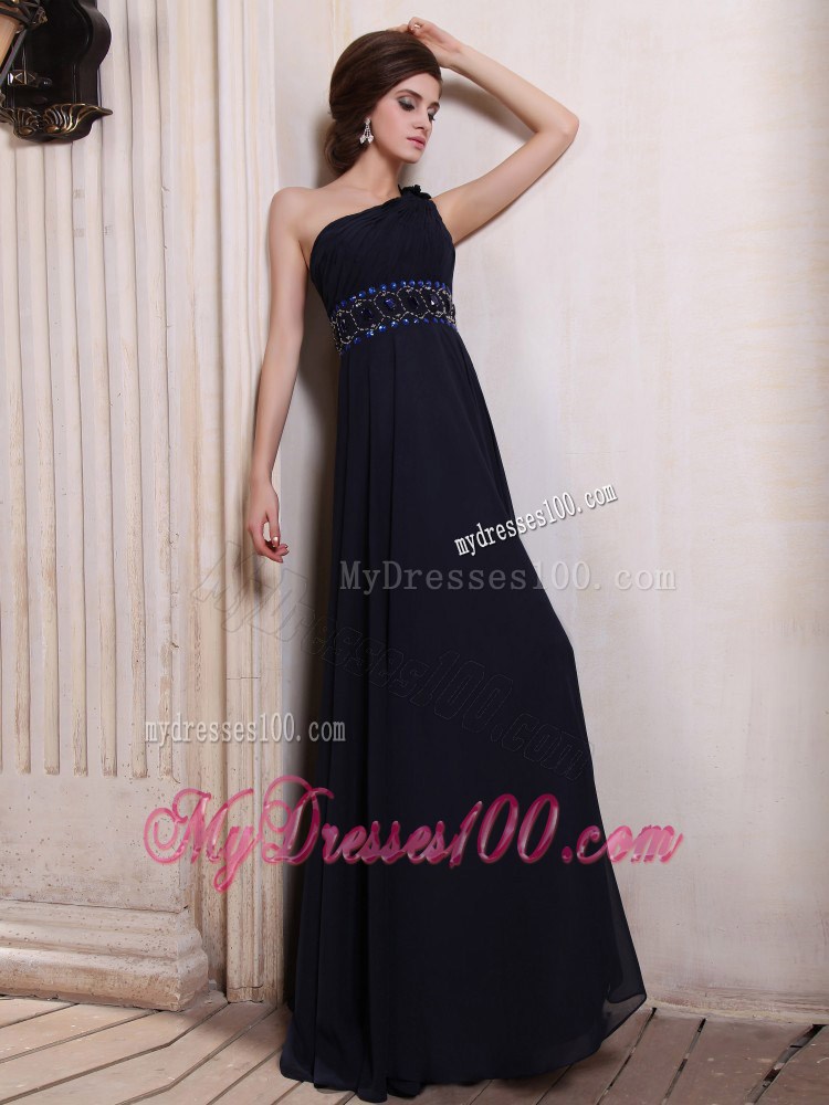 Navy Blue Prom Graduation Dress with One Shoulder Beaded and Flowers