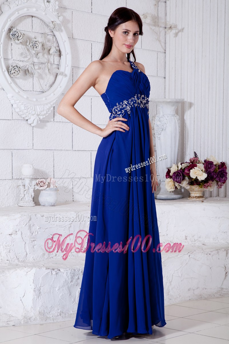 Royal Blue Empire One Shoulder Graduation Dresses Appliques Floor-length