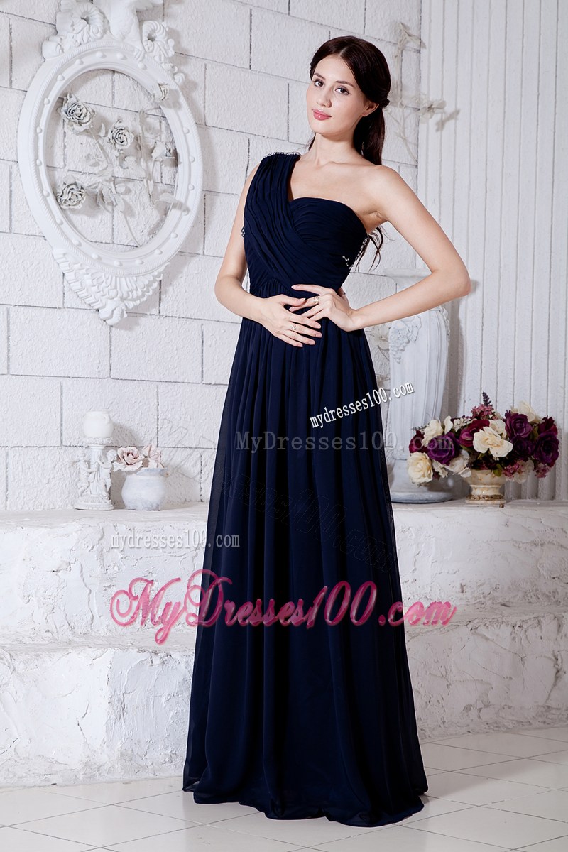 Navy Blue Empire One Shoulder Beading Graduation Dresses Brush Train