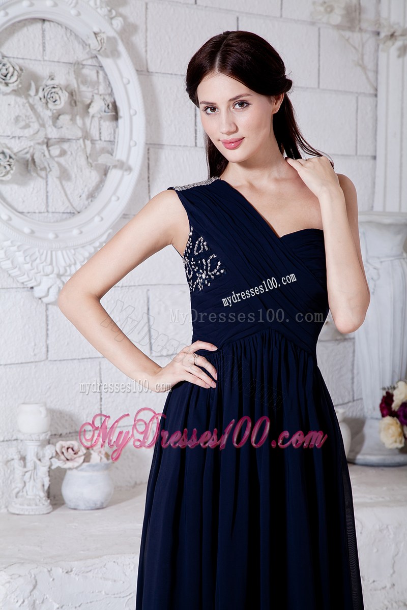 Navy Blue Empire One Shoulder Beading Graduation Dresses Brush Train