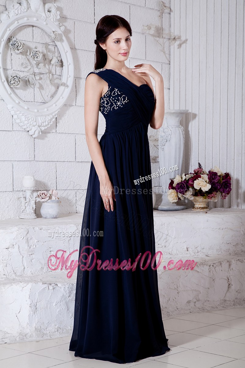 Navy Blue Empire One Shoulder Beading Graduation Dresses Brush Train