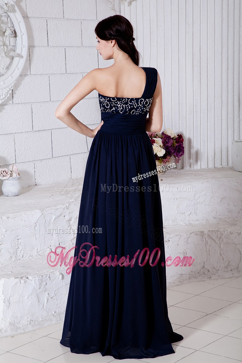 Navy Blue Empire One Shoulder Beading Graduation Dresses Brush Train