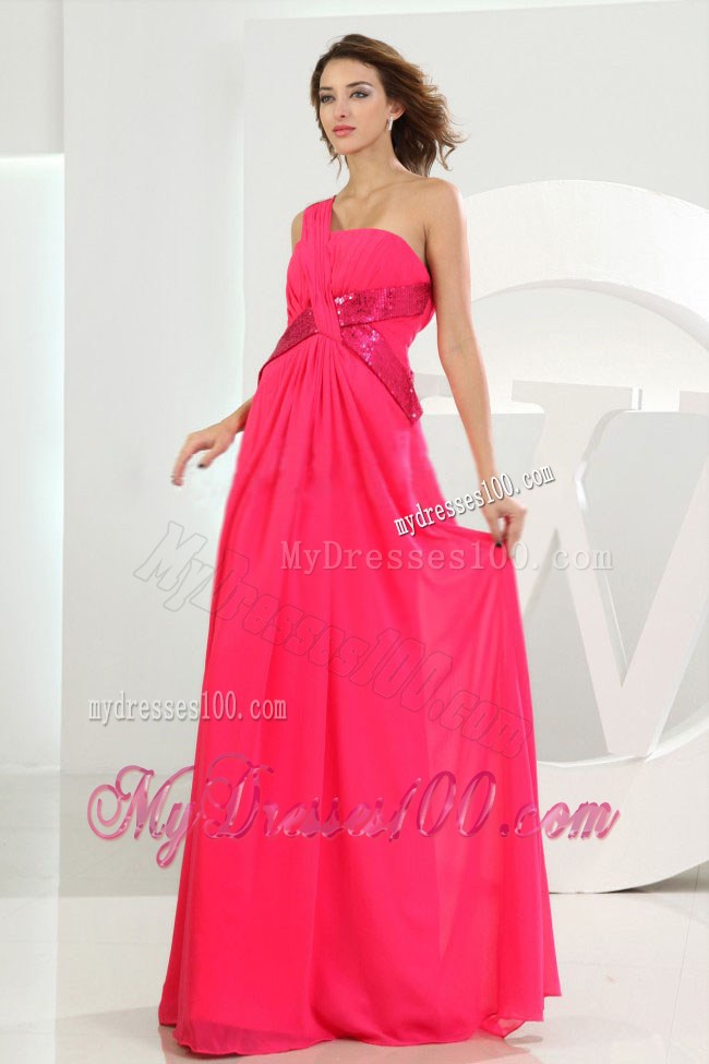 One Shoulder Coral Red Prom Graduation Dress Empire Floor-length
