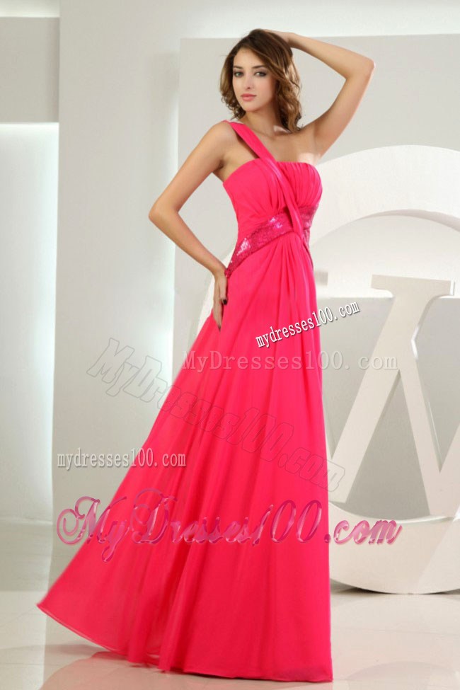 One Shoulder Coral Red Prom Graduation Dress Empire Floor-length