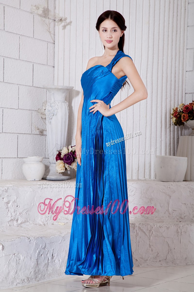 Royal Blue Junior Graduation Dress Empire One Shoulder Pleat Tea-length