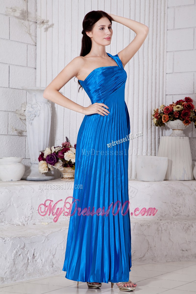 Royal Blue Junior Graduation Dress Empire One Shoulder Pleat Tea-length