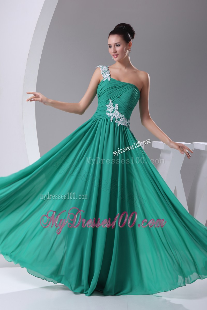 One Shoulder Green Appliques Empire Long Prom Dress