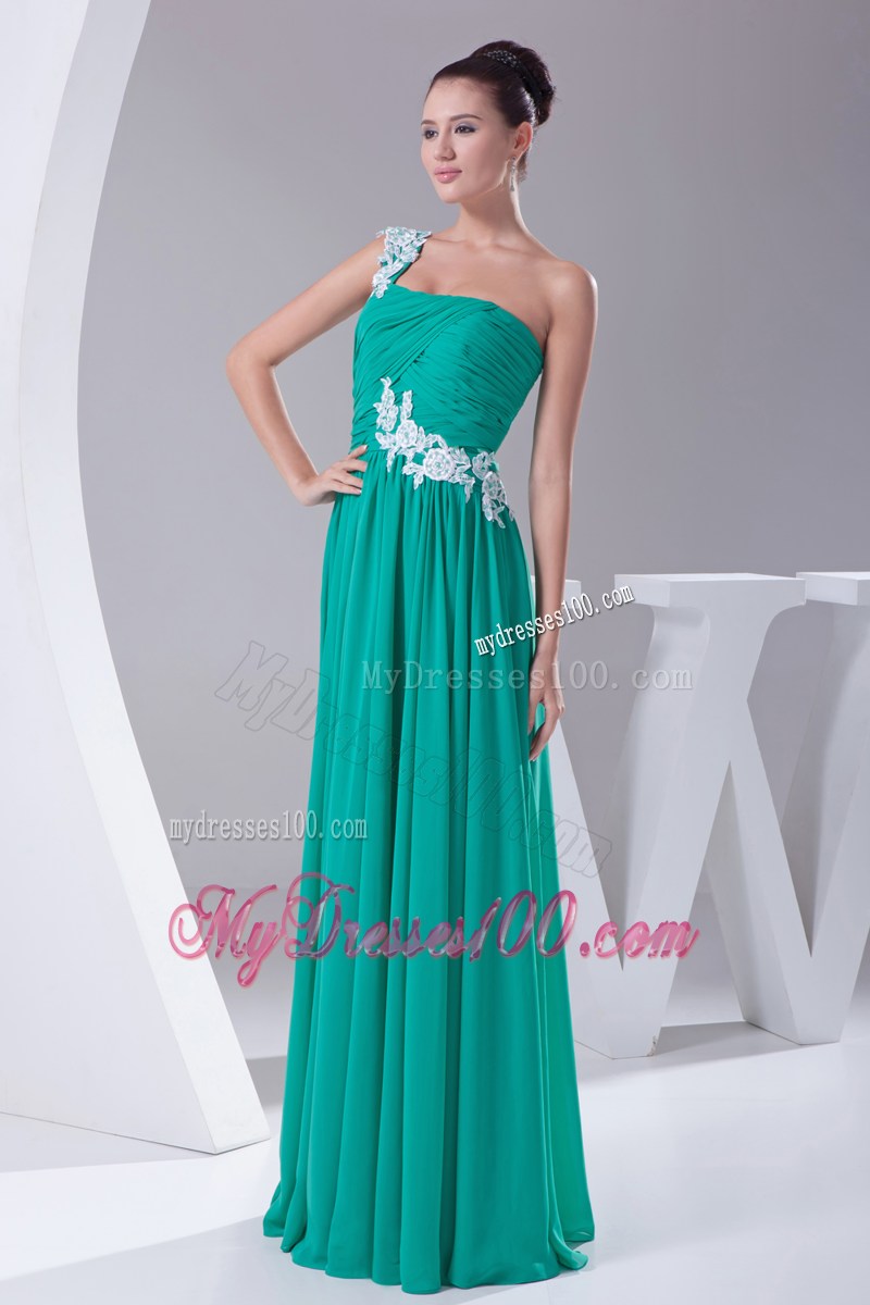 One Shoulder Green Appliques Empire Long Prom Dress