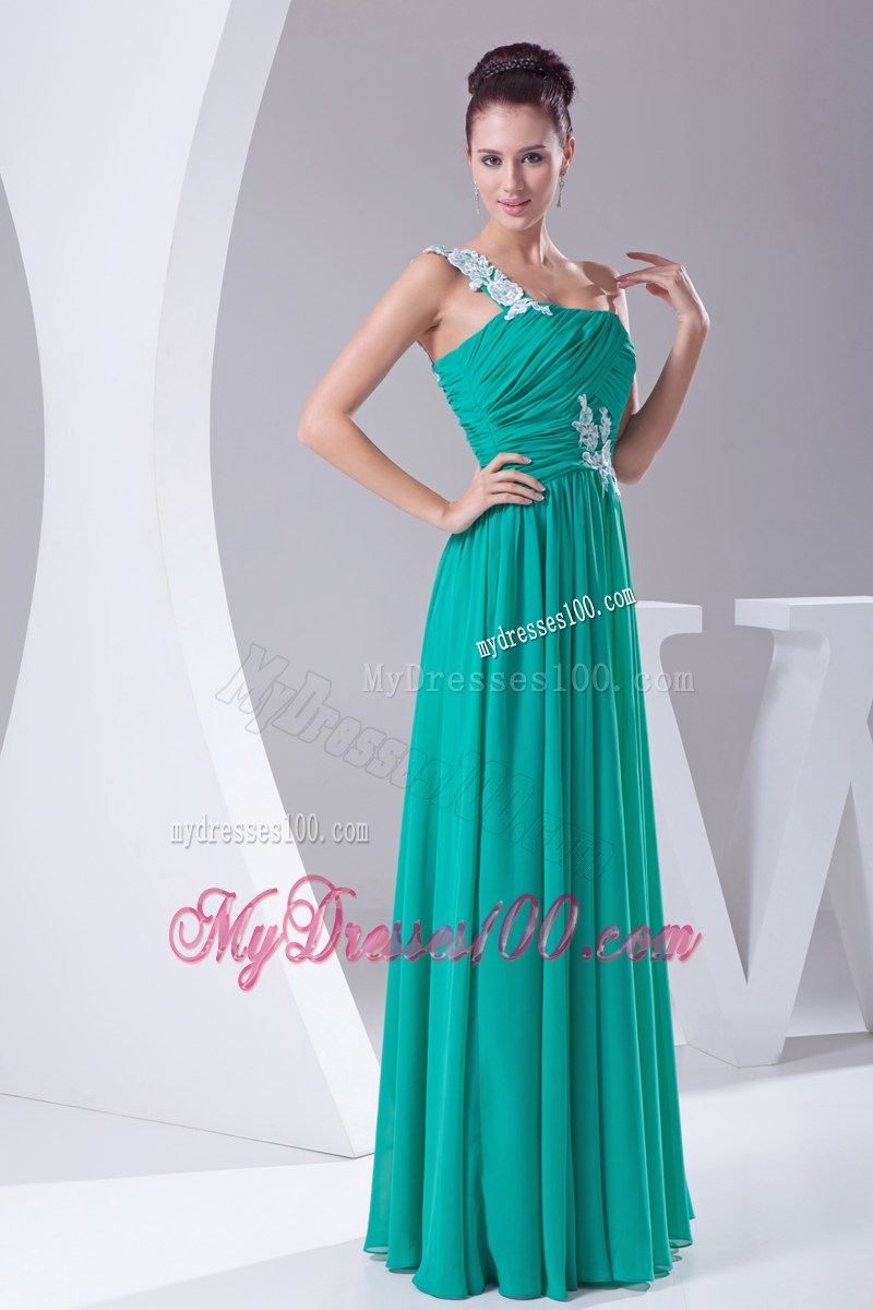 One Shoulder Green Appliques Empire Long Prom Dress