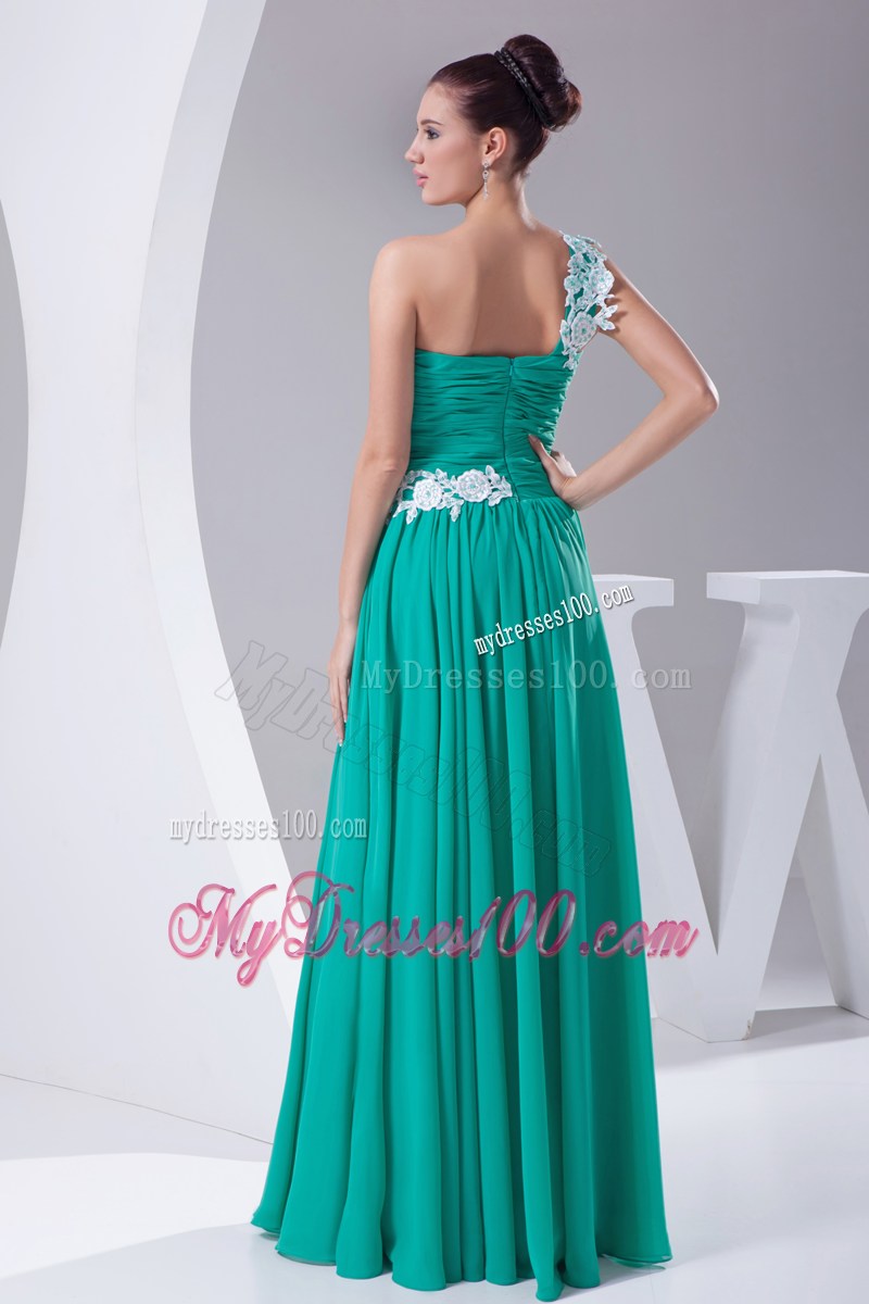 One Shoulder Green Appliques Empire Long Prom Dress