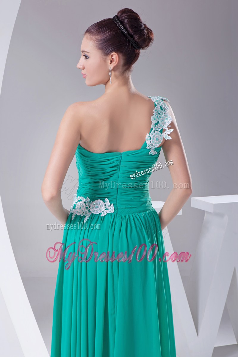 One Shoulder Green Appliques Empire Long Prom Dress