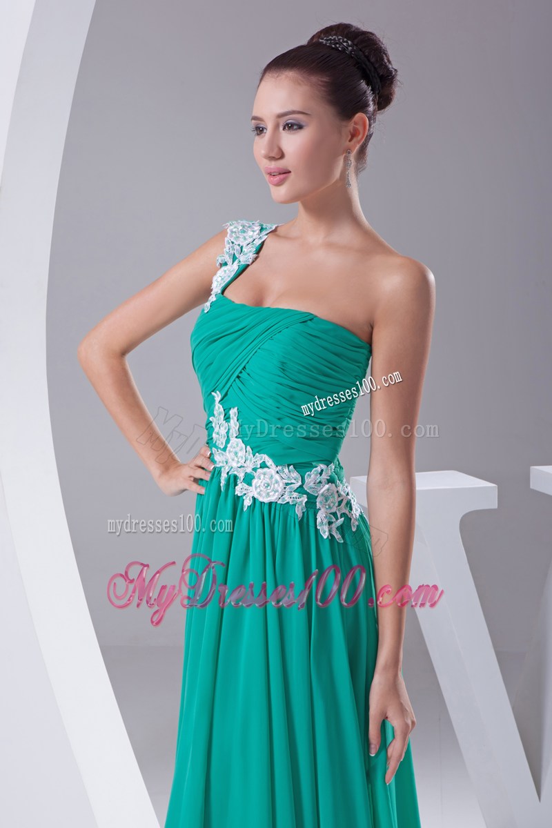 One Shoulder Green Appliques Empire Long Prom Dress