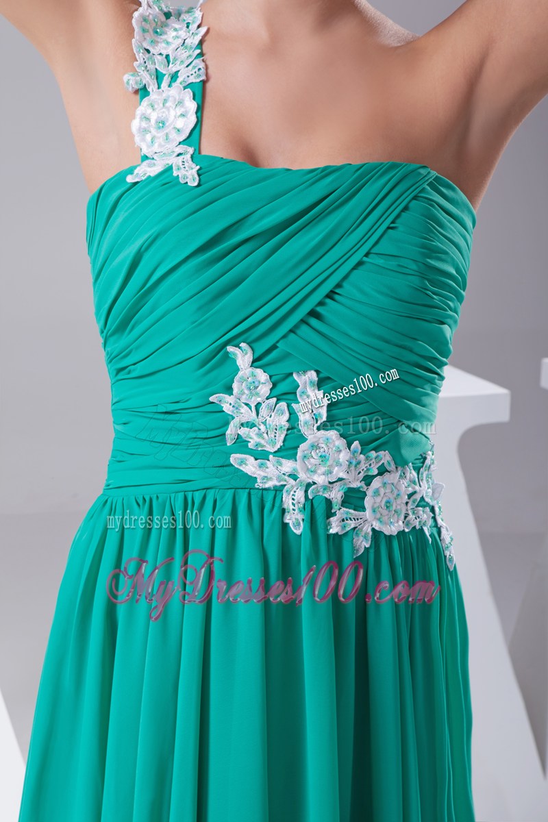 One Shoulder Green Appliques Empire Long Prom Dress