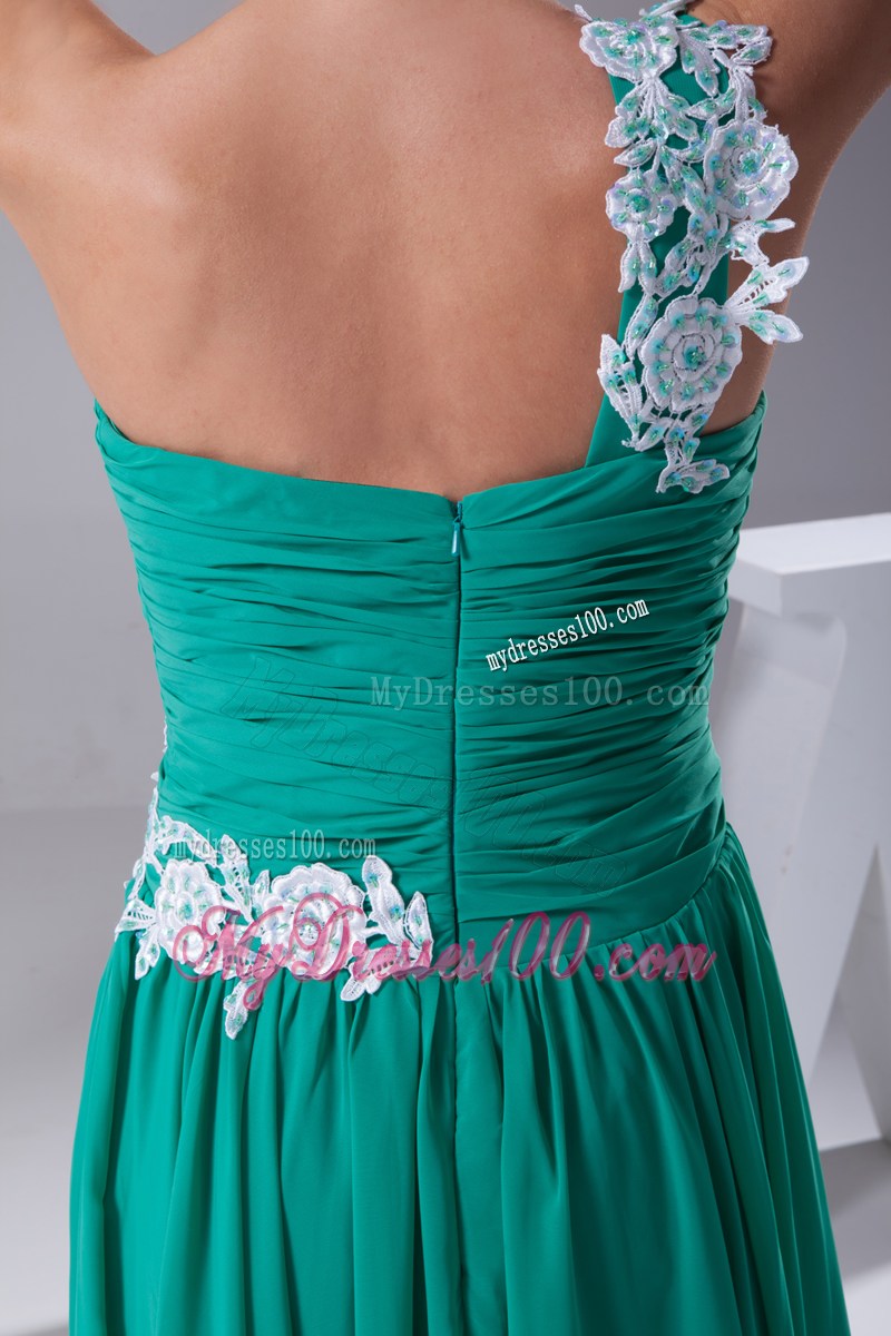One Shoulder Green Appliques Empire Long Prom Dress