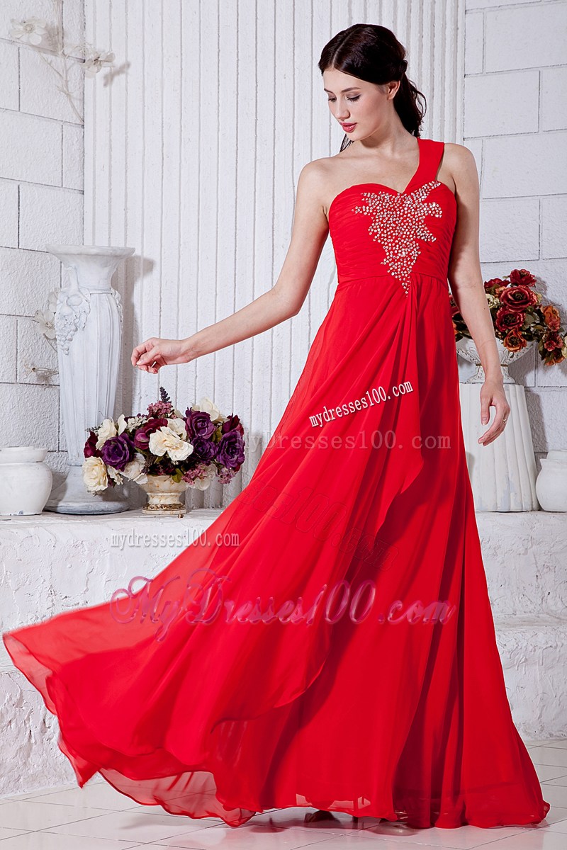 Red Empire One Shoulder Graduation Dresses with Beading Floor-length