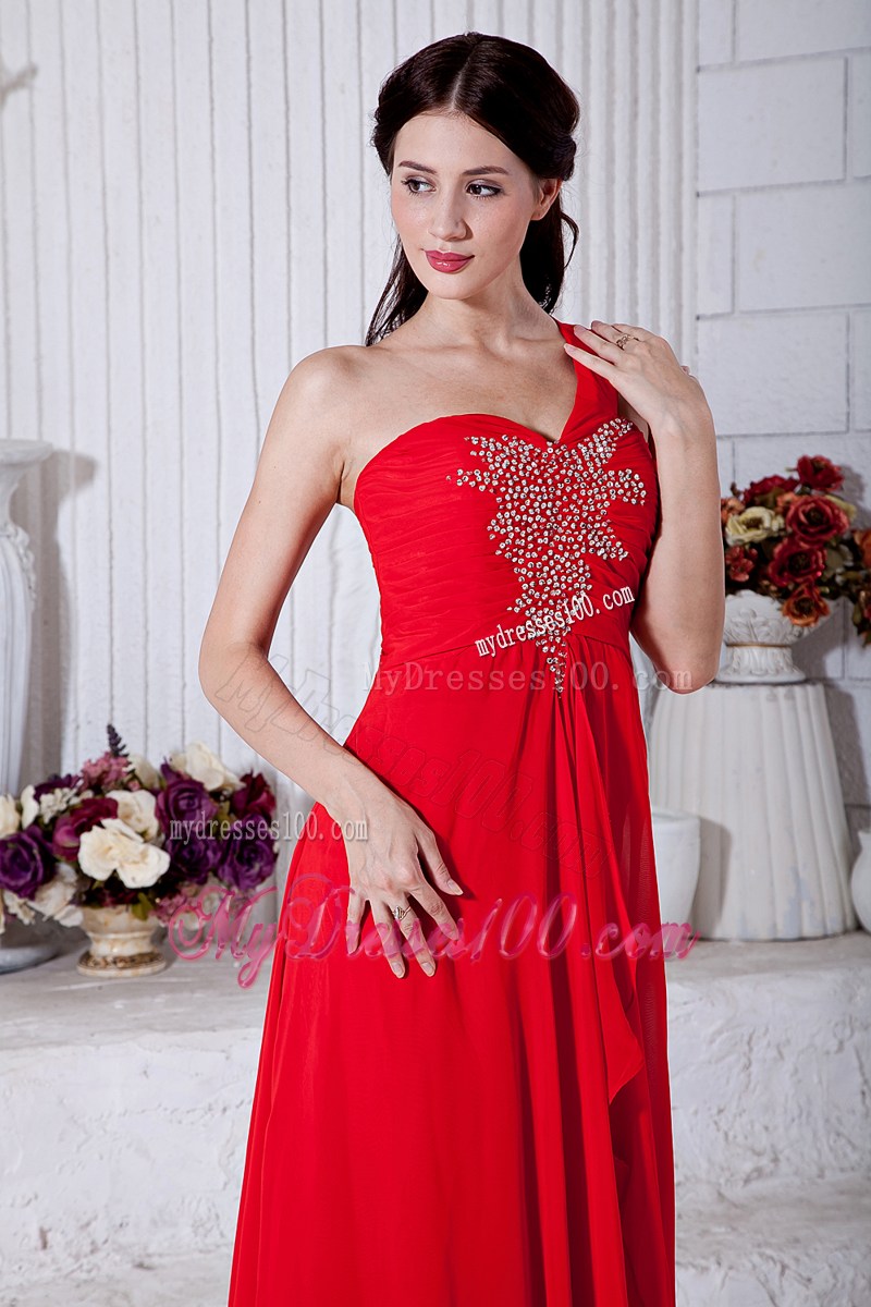 Red Empire One Shoulder Graduation Dresses with Beading Floor-length