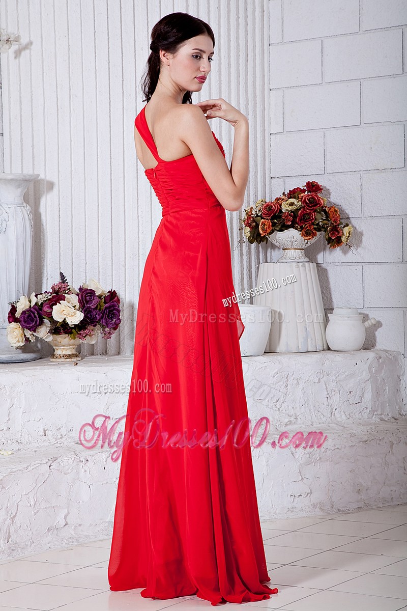 Red Empire One Shoulder Graduation Dresses with Beading Floor-length