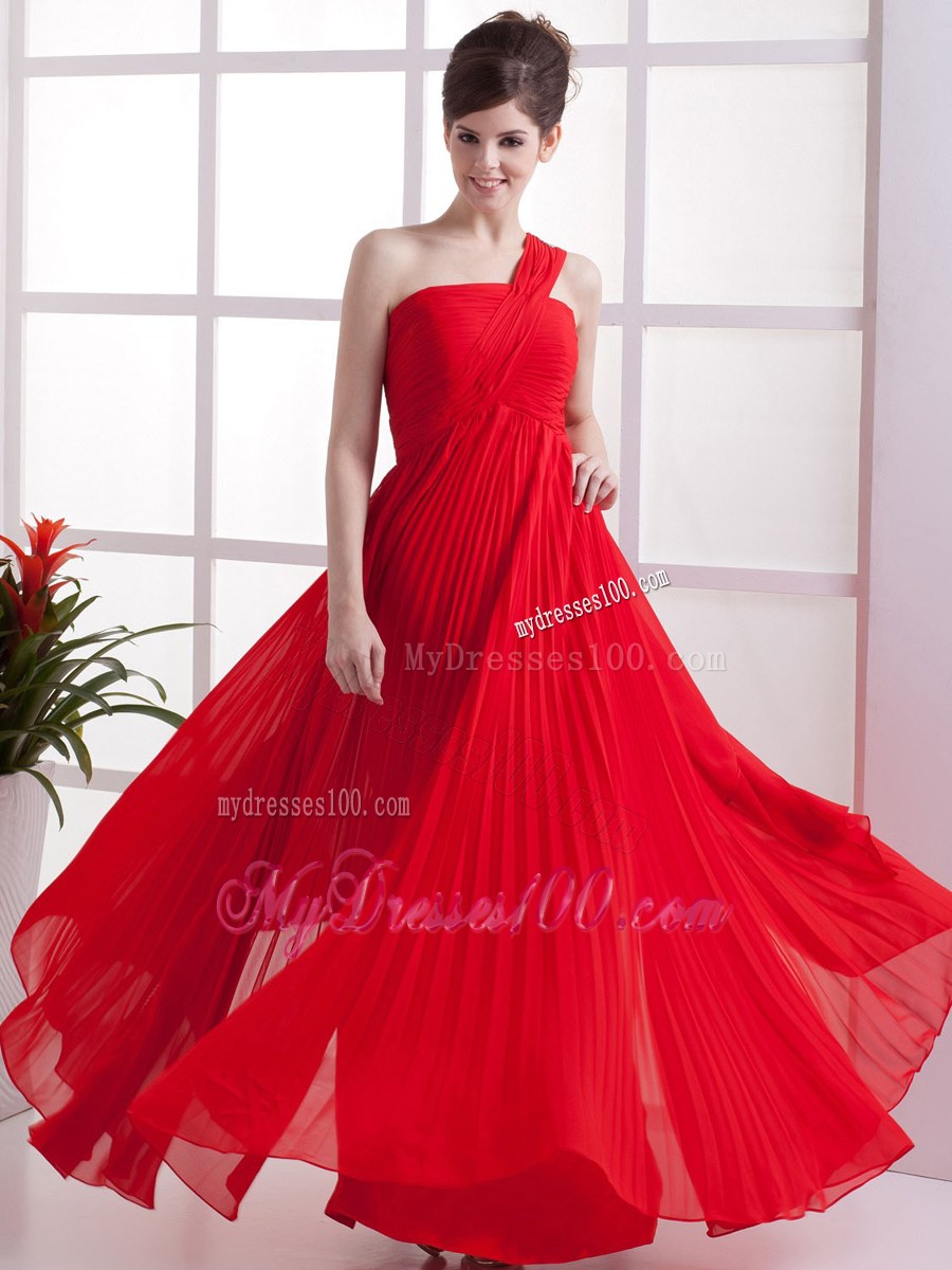One Shoulder Red Pleated floor-length Empire Graduation Dresses